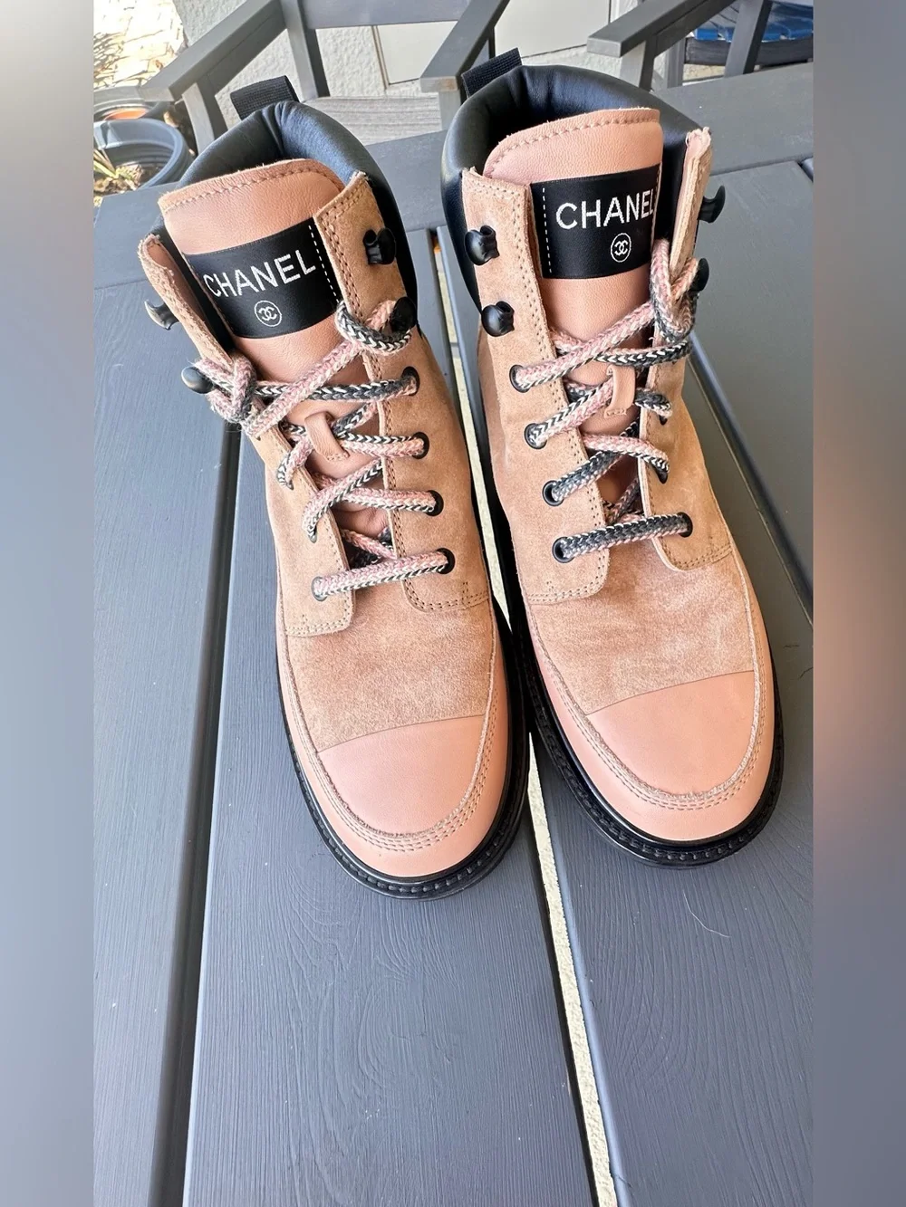 Chanel Pink suede and leather lace-up combat boots  Cc Logo. US Sz 8- 8.5 EU 39